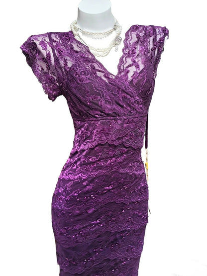 Sexy Sheath V Neck Grape Lace Sleeveless For Women Long Prom Dresses Senior High School 21st Birthday Outfits AS042