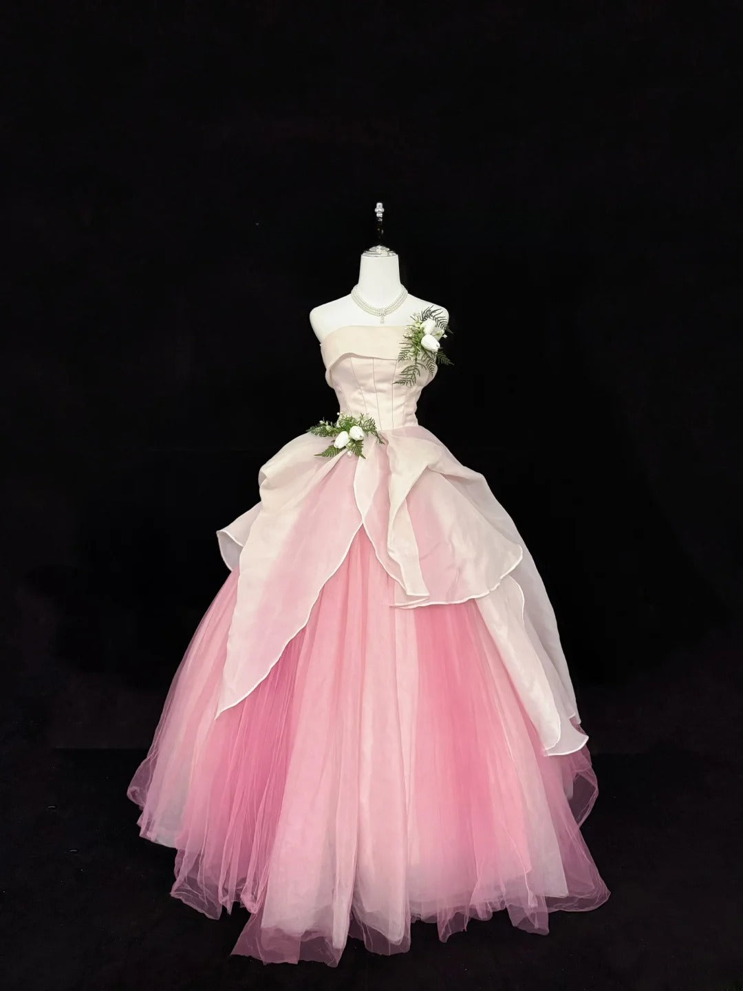 Sweet Ball Gown Strapless White Pink With Flowers Tulle Quince Dress Voluminous Sweet 16 Sweet Sixteen Outfits Vestido de RB7413