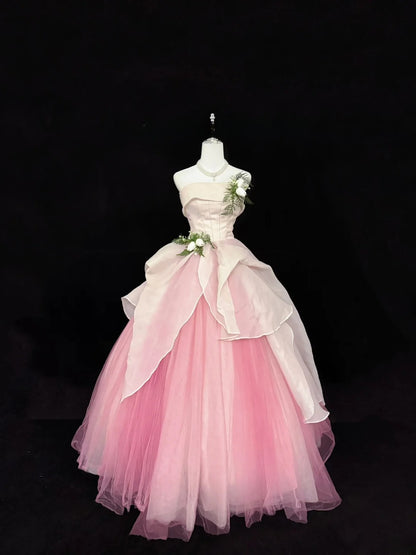 Sweet Ball Gown Strapless White Pink With Flowers Tulle Quince Dress Voluminous Sweet 16 Sweet Sixteen Outfits Vestido de RB7413