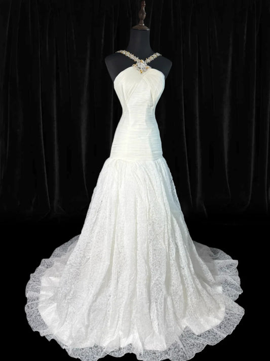 Vintage Long Wedding Gowns 70s Unique Dresses Mermaid Halter Bohemian Style for Bride With Lace Corset Fitted White Petite/Plus Size Bridal Gown AS042