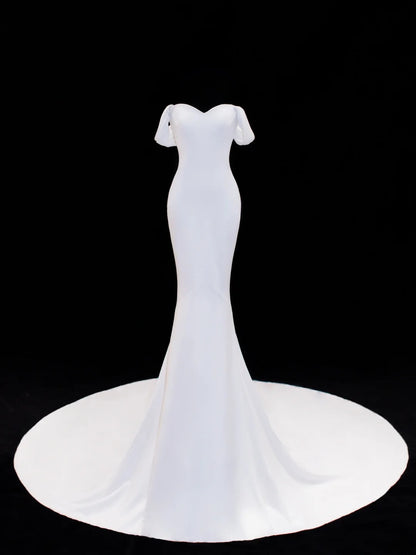 Wedding Gowns Dresses Elegant Modest for Bride Mermaid Off The Shoulder With Sleeves Satin White Petite/Plus Size Bridal Gown For Women SA042