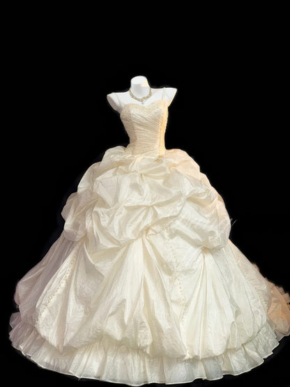Classy Ball Gown Spaghetti Strap White With Ruffled Brides Gown Bridal Dress Long Poofy Wedding Dresses RB5774