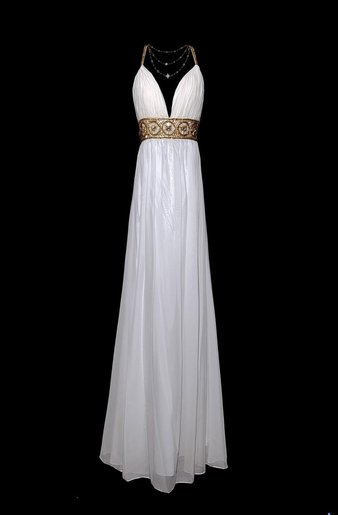 Retro 60s A Line Chiffon White Blue With Gold Beads Sleeveless Long Prom Dresses High School Senior Graduation Dance Party Outfits AS042