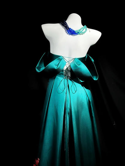 Classy Prom Dresses A Line Off The Shoulder Green Satin With Sleeves Evening Dress Formal Outfits RB5850