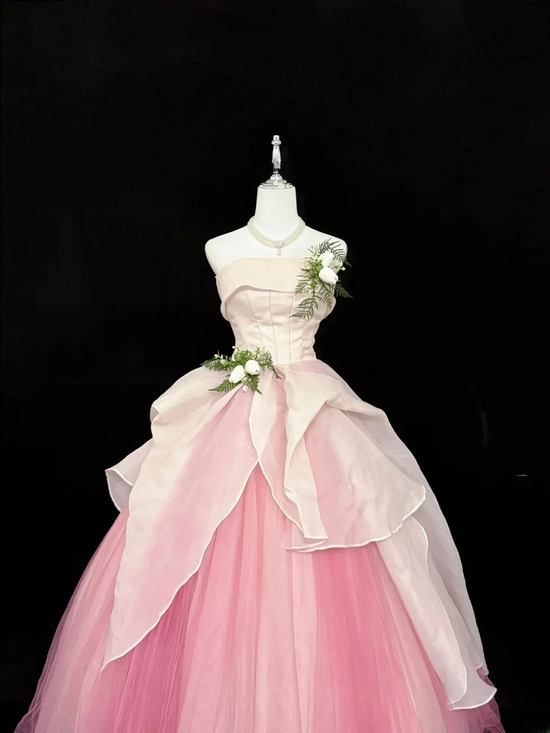 Sweet Ball Gown Strapless White Pink With Flowers Tulle Quince Dress Voluminous Sweet 16 Sweet Sixteen Outfits Vestido de RB7413