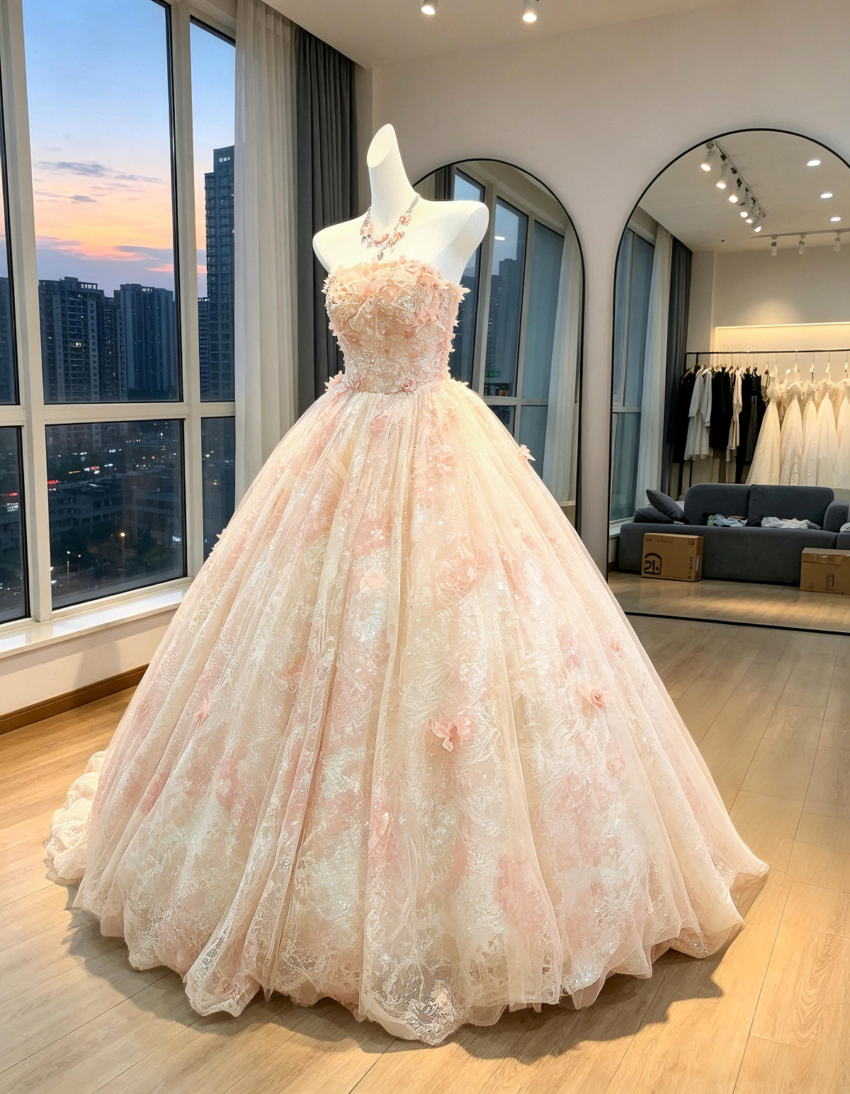 Fairy Quinceanera Dress Ball Gown Strapless Blush Pink With Flowers Cape 16th Birthday Party Outfit RC1003