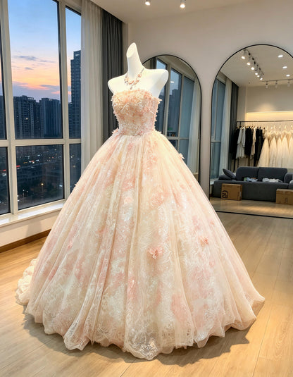 Fairy Quinceanera Dress Ball Gown Strapless Blush Pink With Flowers Cape 16th Birthday Party Outfit RC1003