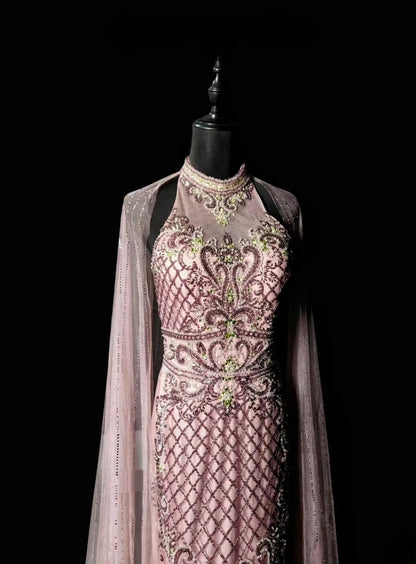 Modest Mermaid High Neck With Cape Pink Long Prom Dress Beading Crystals Formal Dress Long Party Dresses RB6934