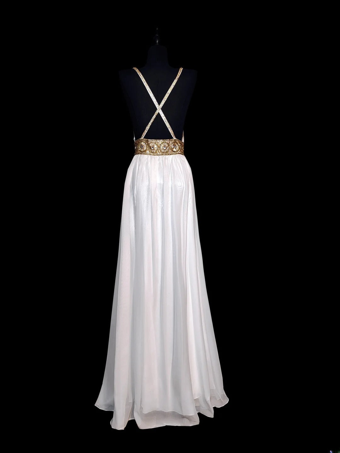 Retro 60s A Line Chiffon White Blue With Gold Beads Sleeveless Long Prom Dresses High School Senior Graduation Dance Party Outfits AS042