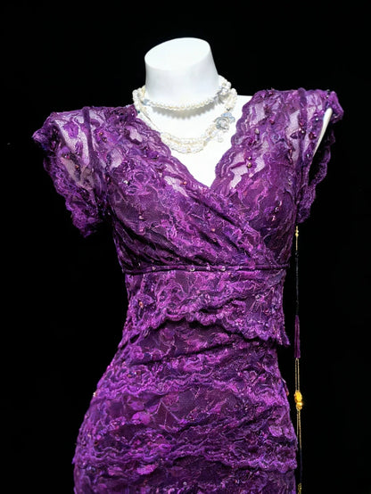 Sexy Sheath V Neck Grape Lace Sleeveless For Women Long Prom Dresses Senior High School 21st Birthday Outfits AS042