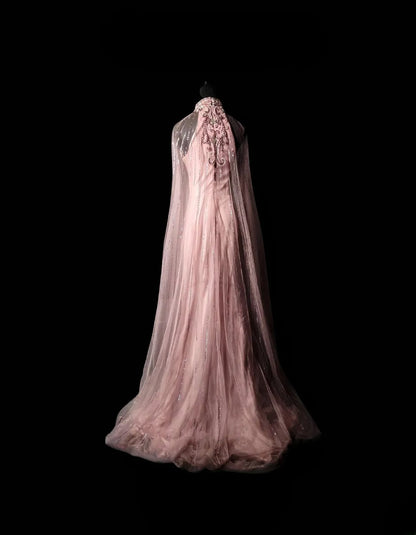 Modest Mermaid High Neck With Cape Pink Long Prom Dress Beading Crystals Formal Dress Long Party Dresses RB6934