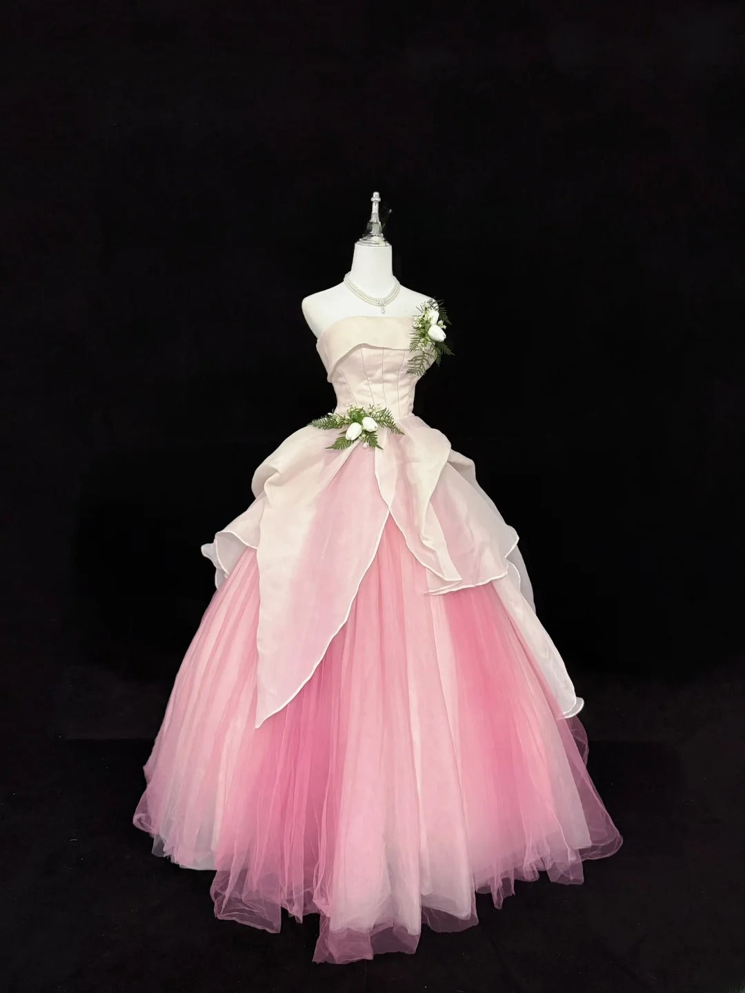 Sweet Ball Gown Strapless White Pink With Flowers Tulle Quince Dress Voluminous Sweet 16 Sweet Sixteen Outfits Vestido de RB7413