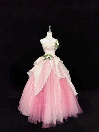 Sweet Ball Gown Strapless White Pink With Flowers Tulle Quince Dress Voluminous Sweet 16 Sweet Sixteen Outfits Vestido de RB7413