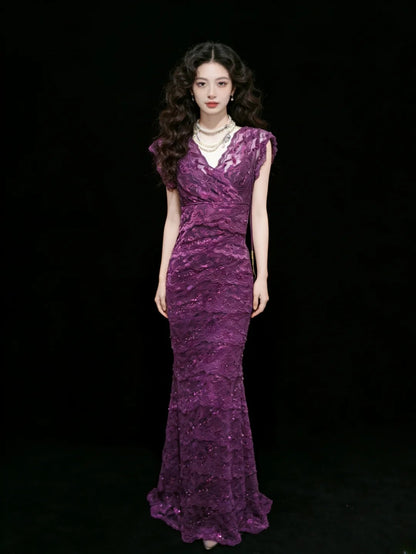 Sexy Sheath V Neck Grape Lace Sleeveless For Women Long Prom Dresses Senior High School 21st Birthday Outfits AS042