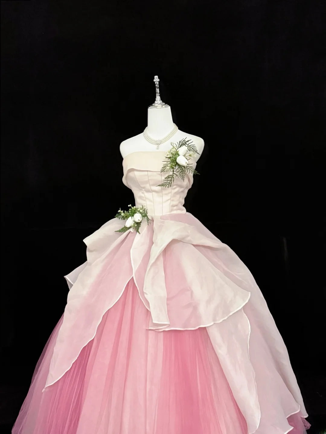 Sweet Ball Gown Strapless White Pink With Flowers Tulle Quince Dress Voluminous Sweet 16 Sweet Sixteen Outfits Vestido de RB7413