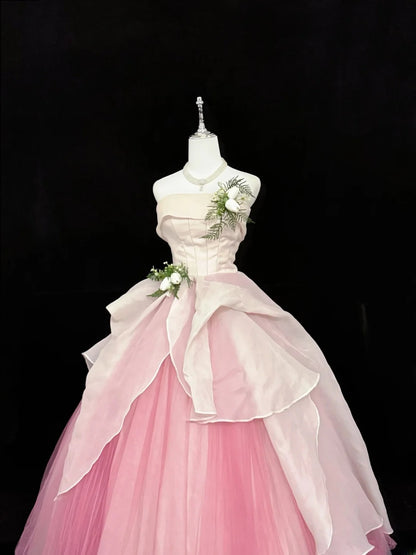Sweet Ball Gown Strapless White Pink With Flowers Tulle Quince Dress Voluminous Sweet 16 Sweet Sixteen Outfits Vestido de RB7413