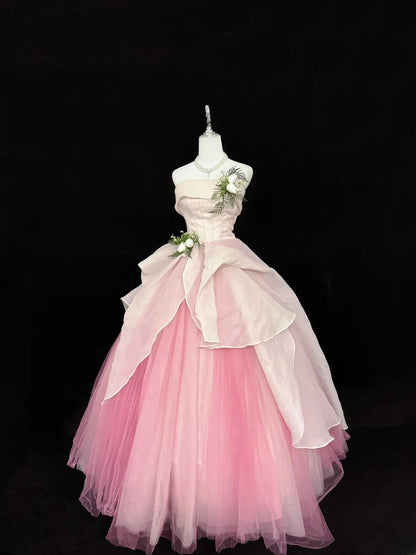 Sweet Ball Gown Strapless White Pink With Flowers Tulle Quince Dress Voluminous Sweet 16 Sweet Sixteen Outfits Vestido de RB7413