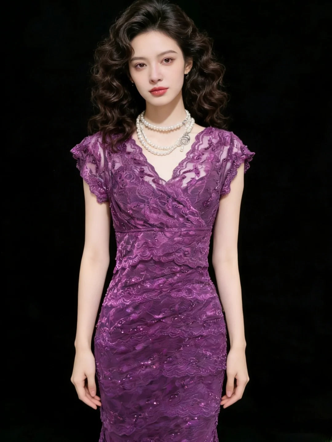 Sexy Sheath V Neck Grape Lace Sleeveless For Women Long Prom Dresses Senior High School 21st Birthday Outfits AS042