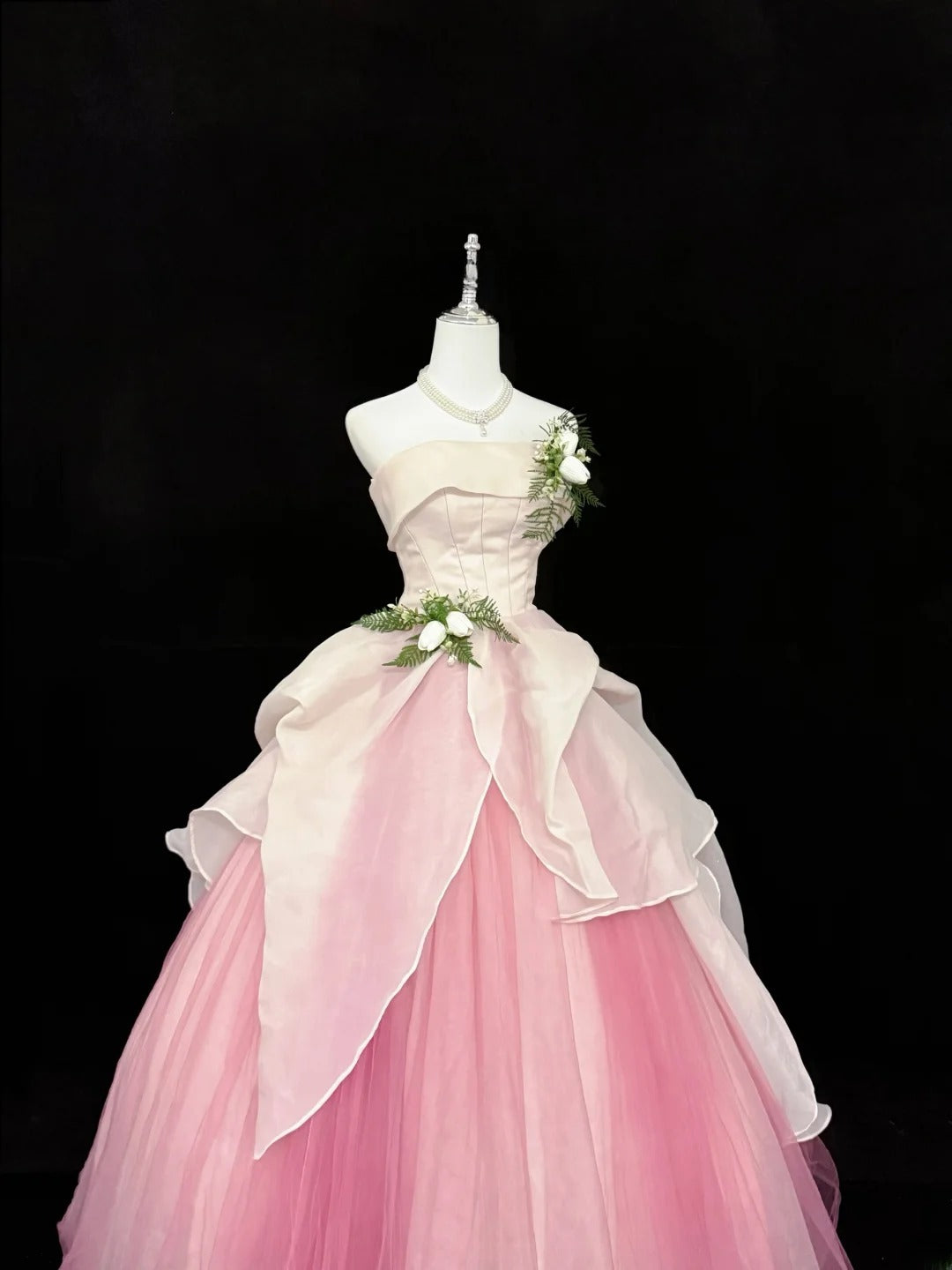 Sweet Ball Gown Strapless White Pink With Flowers Tulle Quince Dress Voluminous Sweet 16 Sweet Sixteen Outfits Vestido de RB7413