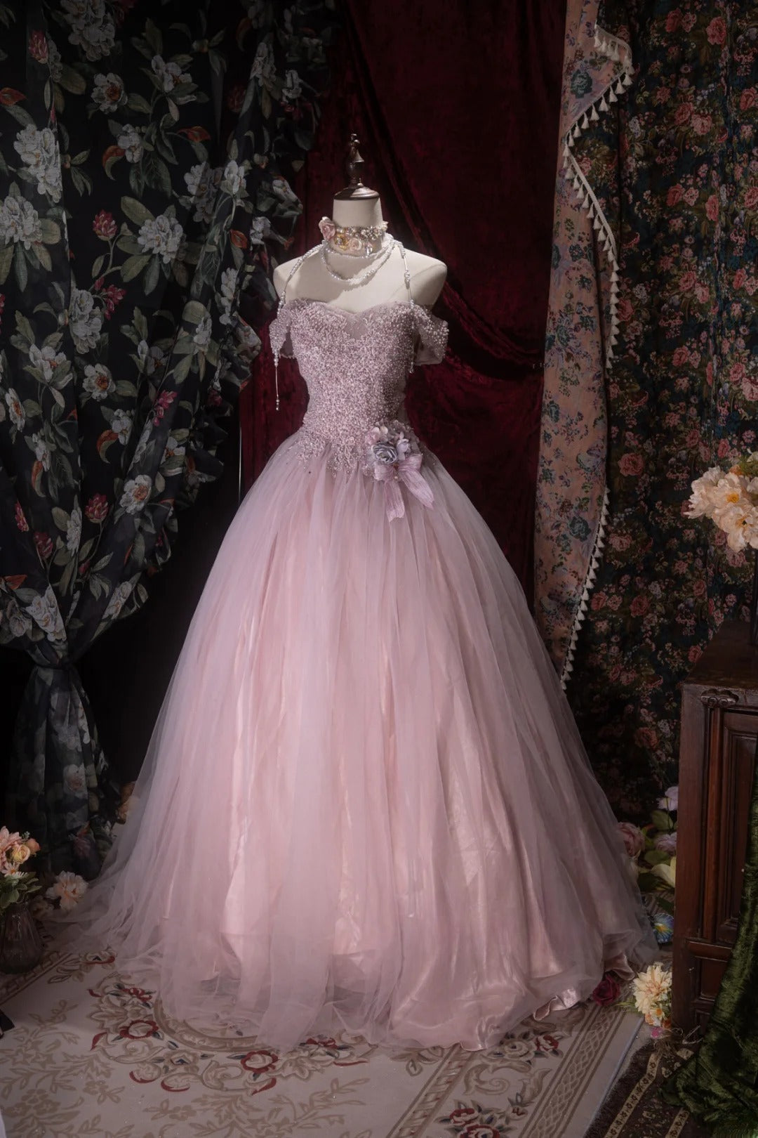 Fairytale Ball Gown Off The Shoulder Pink Tulle With Beading Long Prom Dresses Formal Outfit Evening Night Dress RB8067