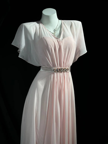 Understated Prom Dresses A Line V Neckline PinK Chiffon With Sleeves Evening Dress Formal Outfits RB5851