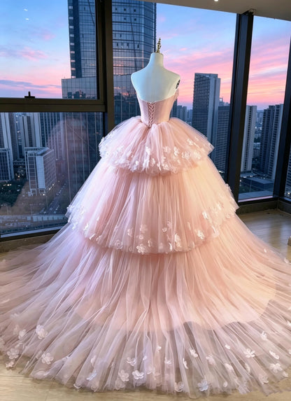 Fairy Quinceanera Dress Ball Gown Strapless Pink With Flowers Tiered Layers Quince Party Dresses RC1073