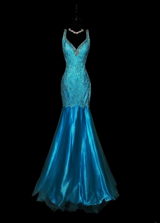 Vintage 1950s Mermaid Blue Strap Satin With Appliques Long Prom Dresses High School Senior Graduation Dance Evening Outfits AS043
