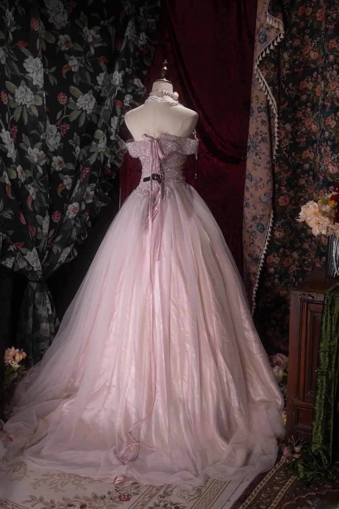 Fairytale Ball Gown Off The Shoulder Pink Tulle With Beading Long Prom Dresses Formal Outfit Evening Night Dress RB8067