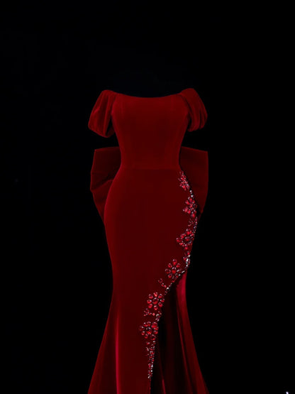 Classic 1950s Formal Mermaid Off The Shoulder Burgundy Velvet With Beads Bow-knot Style Impress Long Prom Dresses Party Gowns SA043