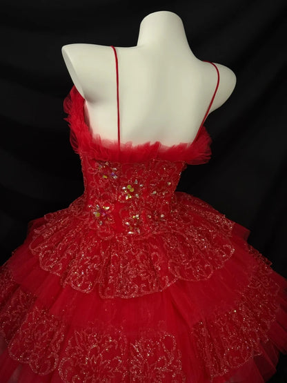 Pretty Ball Gown Spaghetti Strap Red Tulle Mini Graduation Dresses Short With Ruffled Inspo Senior Homecoming Outfits RB3446