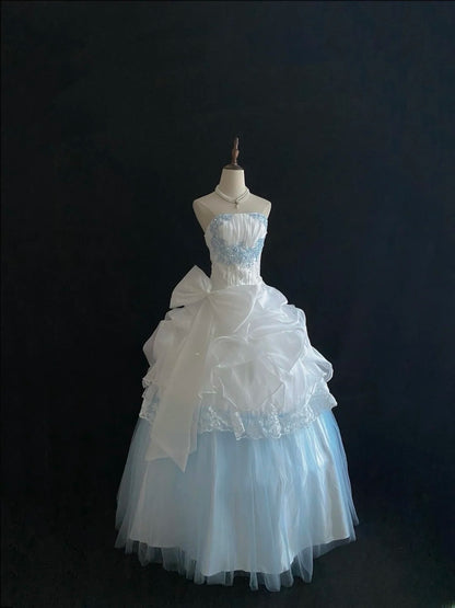 Sweet Ball Gown Strapless White And Blue With Lace Tulle Quince Dress Voluminous Sweet 16 Sweet Sixteen Outfits Vestido de RB7414