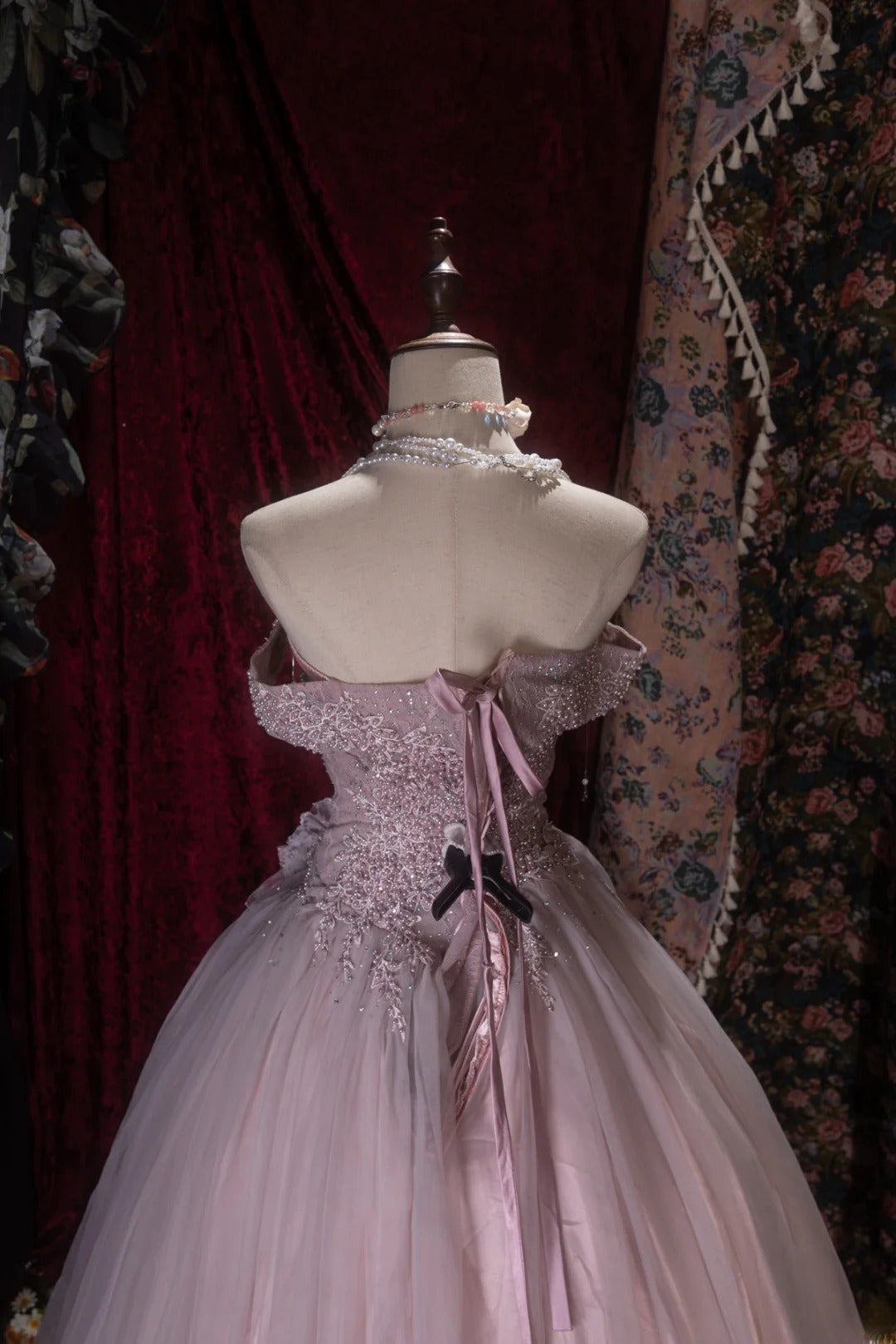 Fairytale Ball Gown Off The Shoulder Pink Tulle With Beading Long Prom Dresses Formal Outfit Evening Night Dress RB8067