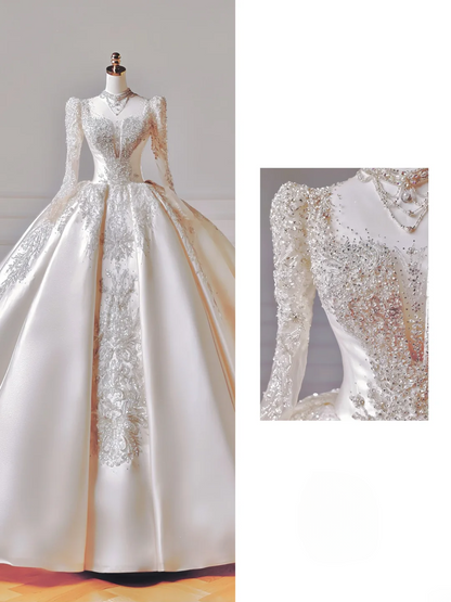 Princess Long Wedding Gowns Ball Gown Square Neck For Bride With Long Sleeves Appliques Beaded Bodice Bridal Dress AQ043