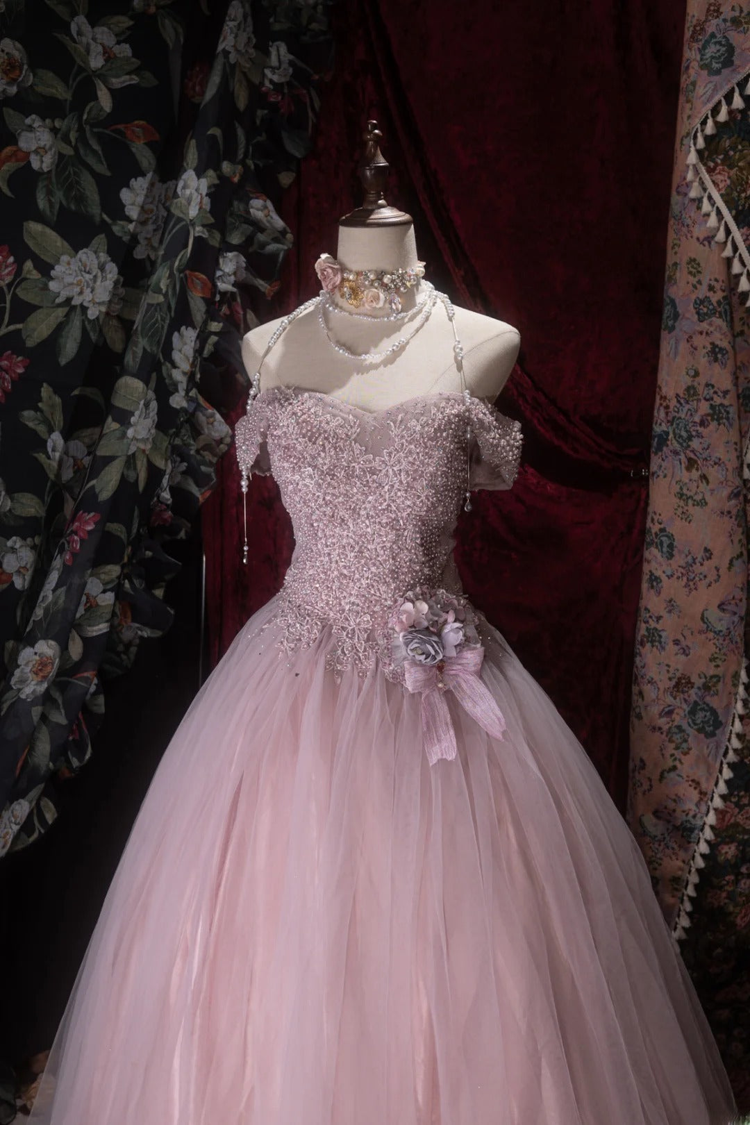Fairytale Ball Gown Off The Shoulder Pink Tulle With Beading Long Prom Dresses Formal Outfit Evening Night Dress RB8067