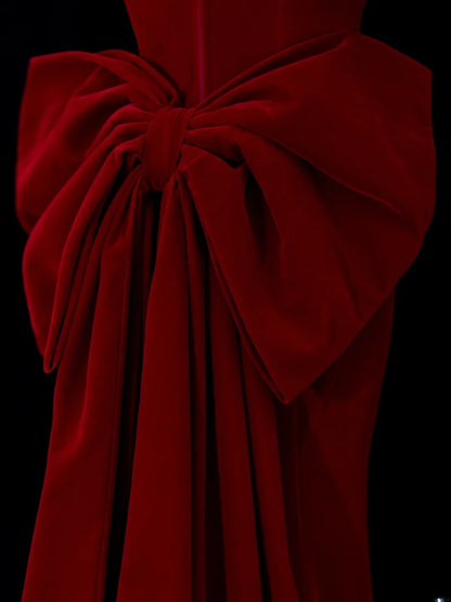 Classic 1950s Formal Mermaid Off The Shoulder Burgundy Velvet With Beads Bow-knot Style Impress Long Prom Dresses Party Gowns SA043