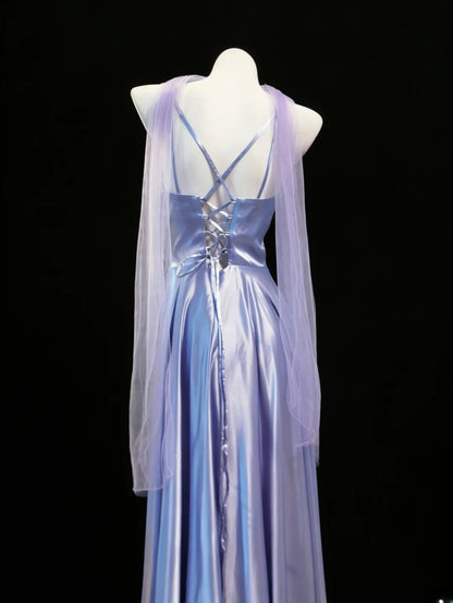 Simple A line Spaghetti Strap Lilac With Scarf For Women Long Prom Dress Birthday Gowns AS043