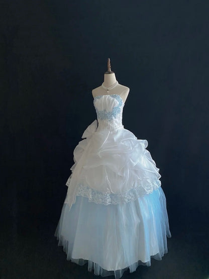 Sweet Ball Gown Strapless White And Blue With Lace Tulle Quince Dress Voluminous Sweet 16 Sweet Sixteen Outfits Vestido de RB7414