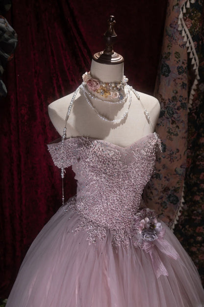 Fairytale Ball Gown Off The Shoulder Pink Tulle With Beading Long Prom Dresses Formal Outfit Evening Night Dress RB8067