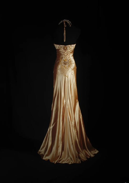 Vintage Prom Dresses 90s Formal Mermaid Halter Gold Silk Satin With Beadings Long Party Gowns Prom Dresses AS043