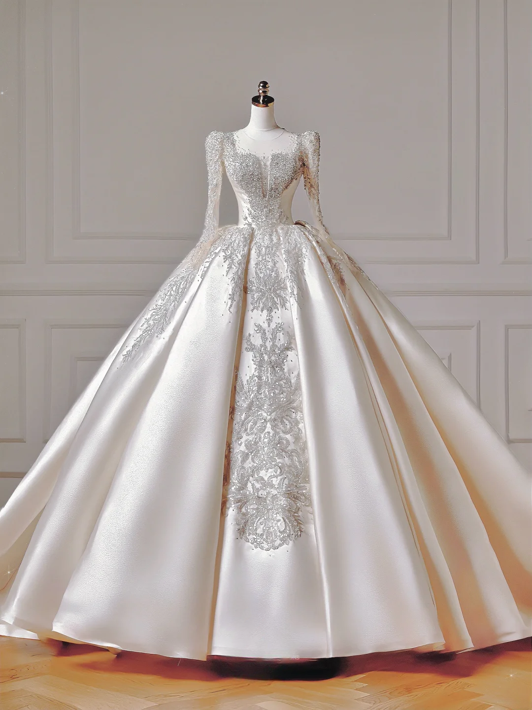 Princess Long Wedding Gowns Ball Gown Square Neck For Bride With Long Sleeves Appliques Beaded Bodice Bridal Dress AQ043