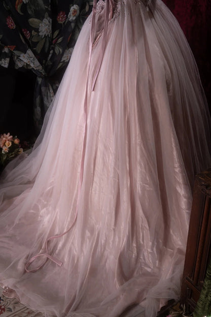 Fairytale Ball Gown Off The Shoulder Pink Tulle With Beading Long Prom Dresses Formal Outfit Evening Night Dress RB8067