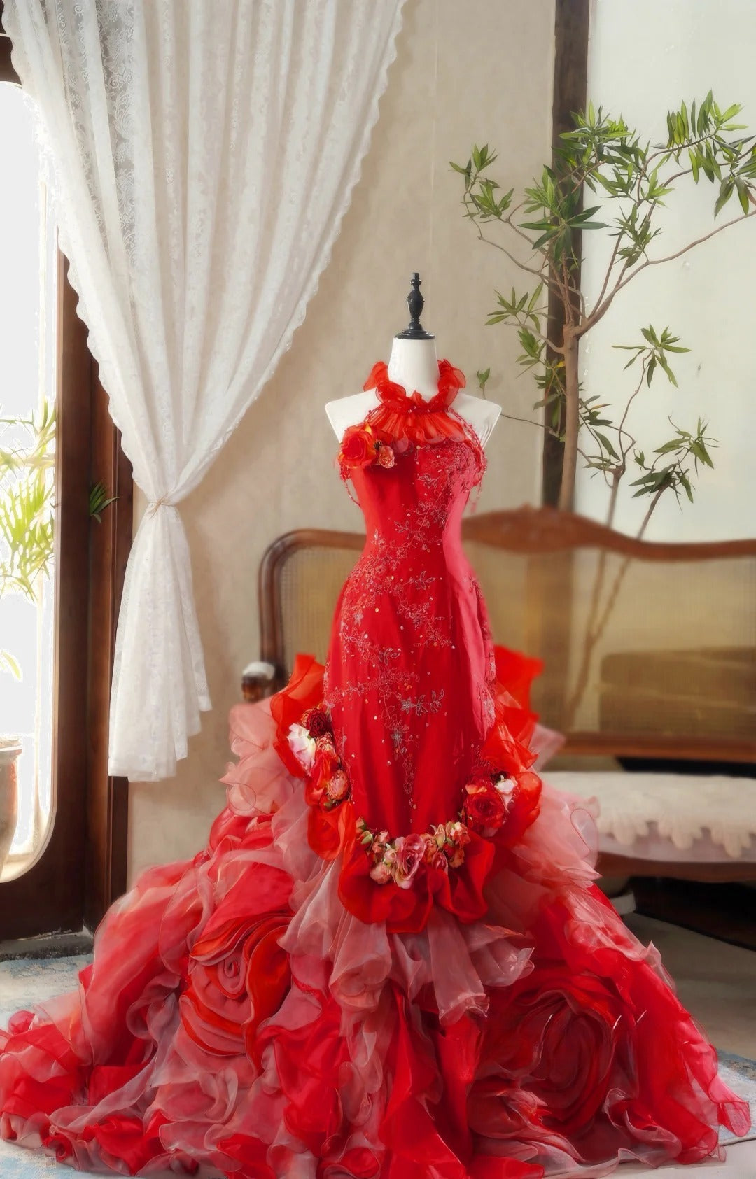 Tulle Mermaid Halter Red Prom Dress With Floral Ruffles Floor Length Formal Party Gown RB9035