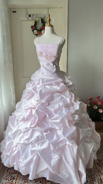 Sweet 15 Quinceanera Dress Ball Gown Spaghetti Straps Pink Satin With Fold Long 15th Birthday Gown RC0413