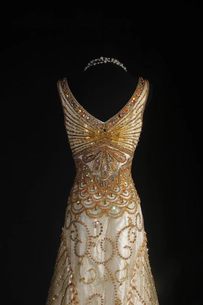 Vintage Prom Dresses 90s Formal Mermaid V Neck Tulle Gold With Beadings Long Party Gowns Prom Dresses AS044