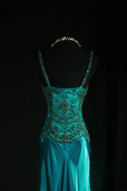 Vintage Prom Dresses 90s Formal Mermaid V Neck Silk Satin With Beadings Long Party Gowns Prom Dresses AS045