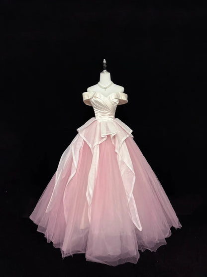 Classy Ball Gown Off The Shoulder Pink Satin With Ruffled Quince Dress Voluminous Sweet 16 Quinceanera Dresses Vestido de RB7416