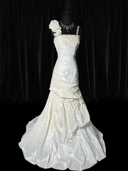 Women's Mermaid Boho Sleeveless White Lace Pleated Satin Long Vintage Fitted 70s Wedding Dresses AS045