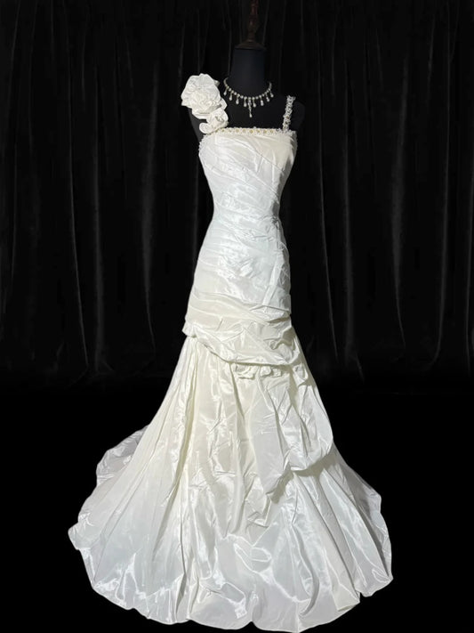 Women's Mermaid Boho Sleeveless White Lace Pleated Satin Long Vintage Fitted 70s Wedding Dresses AS045
