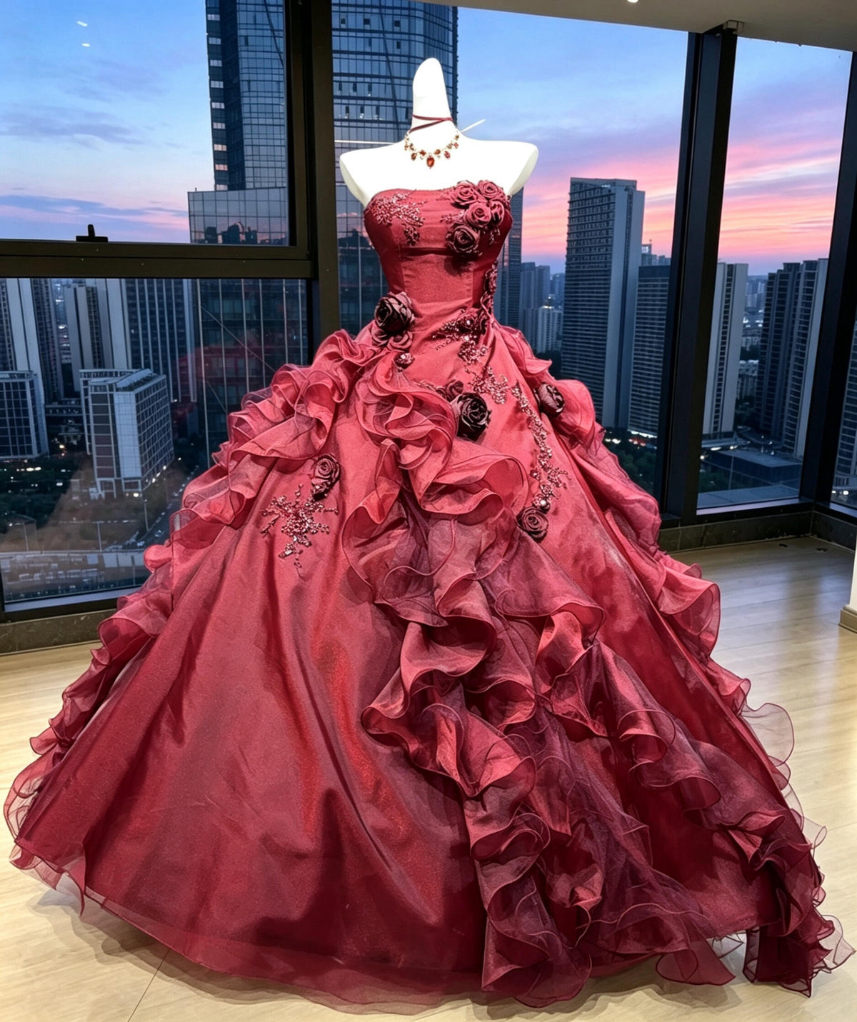 Fairy Quinceanera Dress Ball Gown Strapless Burgundy With 3D Flowers Tiered Layers Quince Dresses RC1075