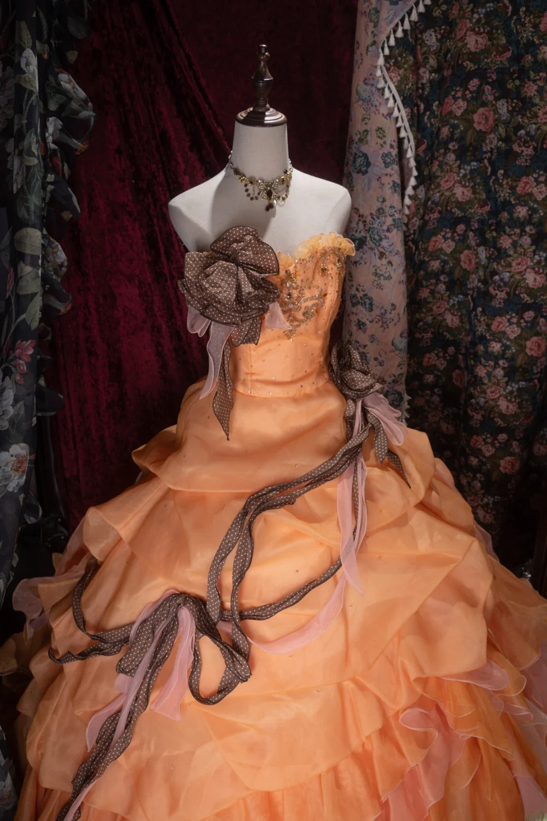 Charming Ball Gown Strapless Orange With Tiered Layers Long Quince Dress Quinceanera Dresses Formal Birthday Outfits RB8069